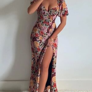 Showpo Lorie Floral Maxi Dress with V-Neck and Cutout Tieback in Pink and Yellow